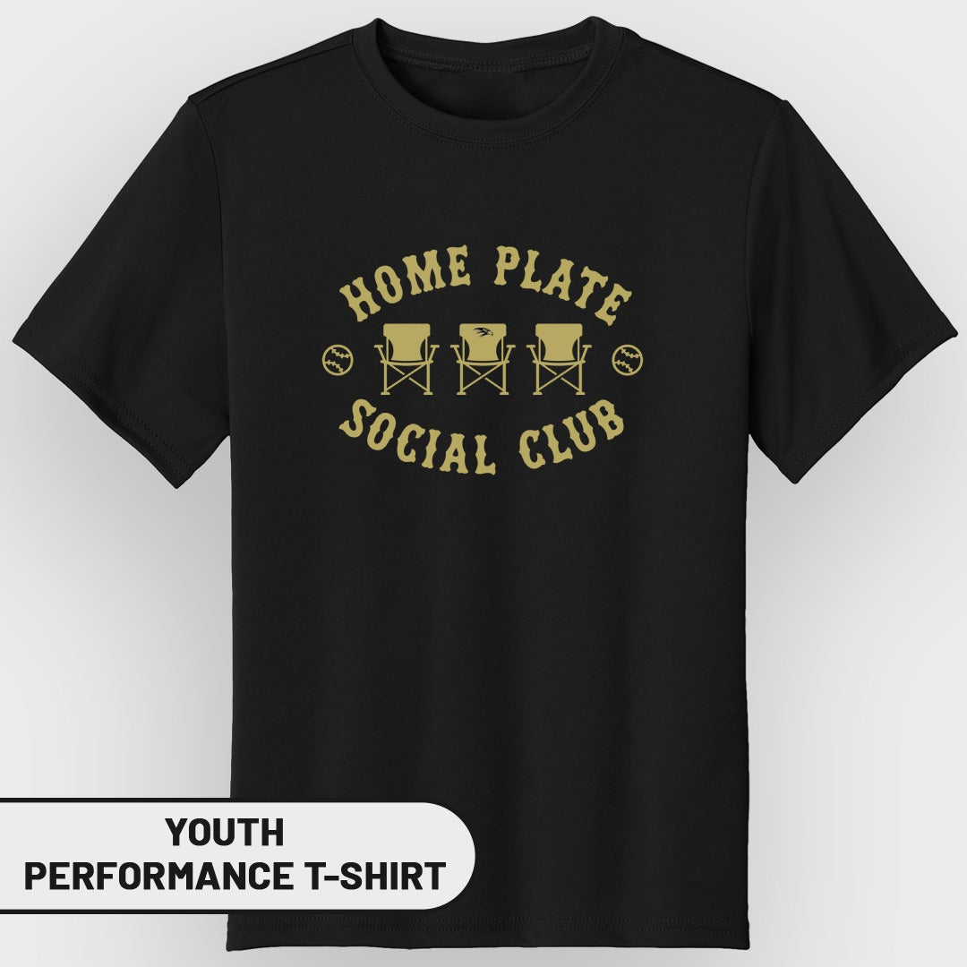 Black youth performance t-shirt with gold "Home Plate Social Club" text and chairs graphic.
