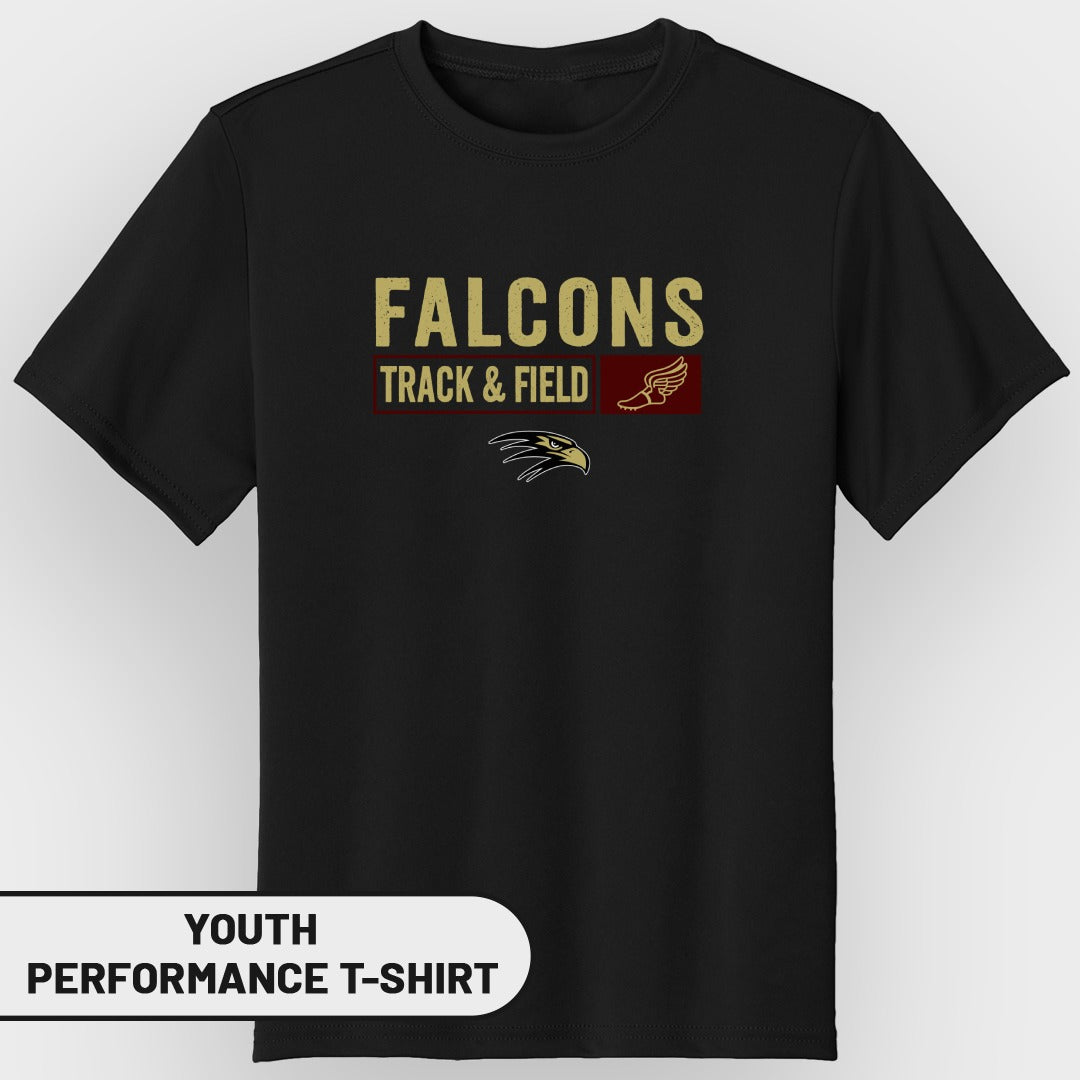 Black youth performance t-shirt with "FALCONS TRACK & FIELD" and eagle graphic.