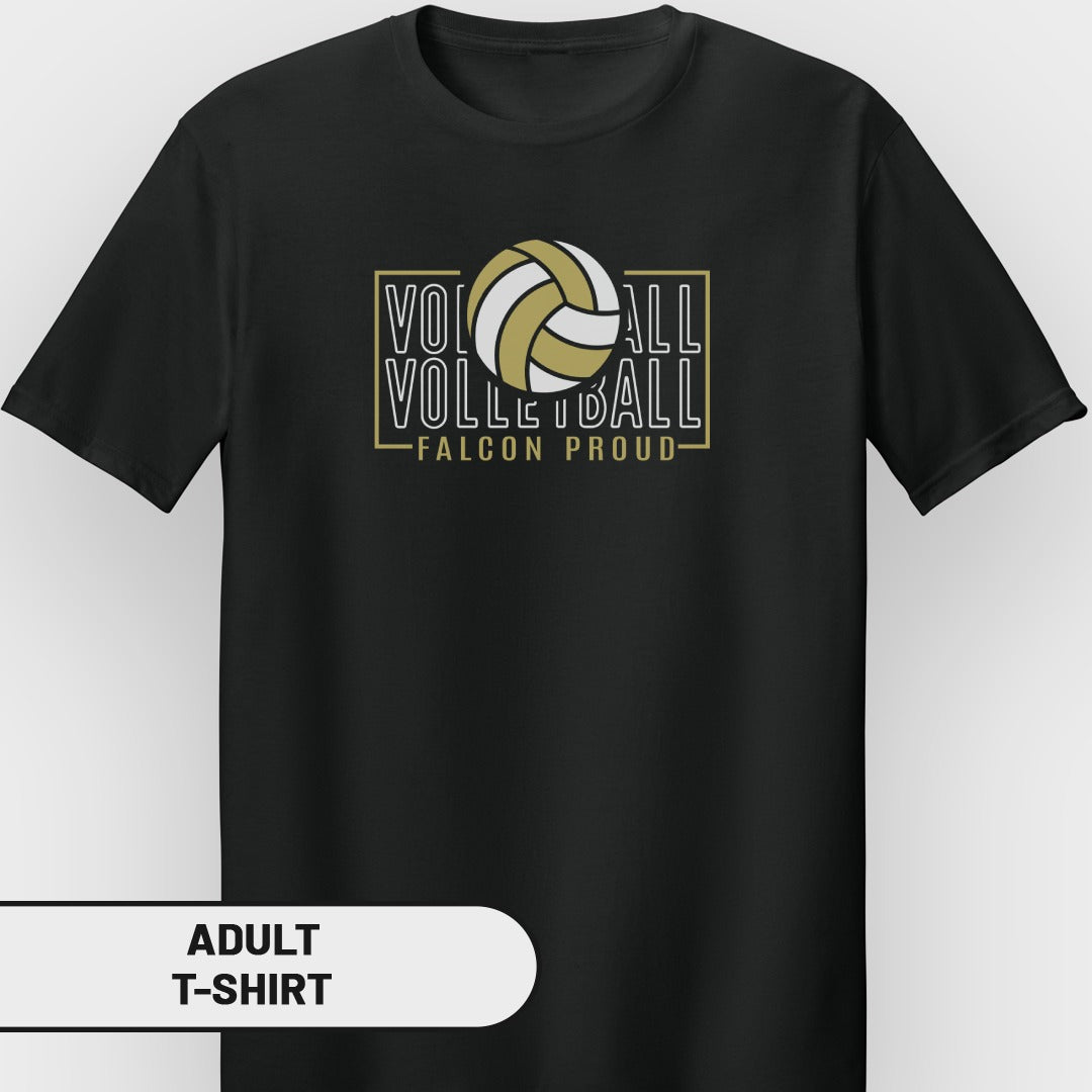 Black t-shirt with "VOLLEYBALL FALCON PROUD" text and a volleyball graphic.