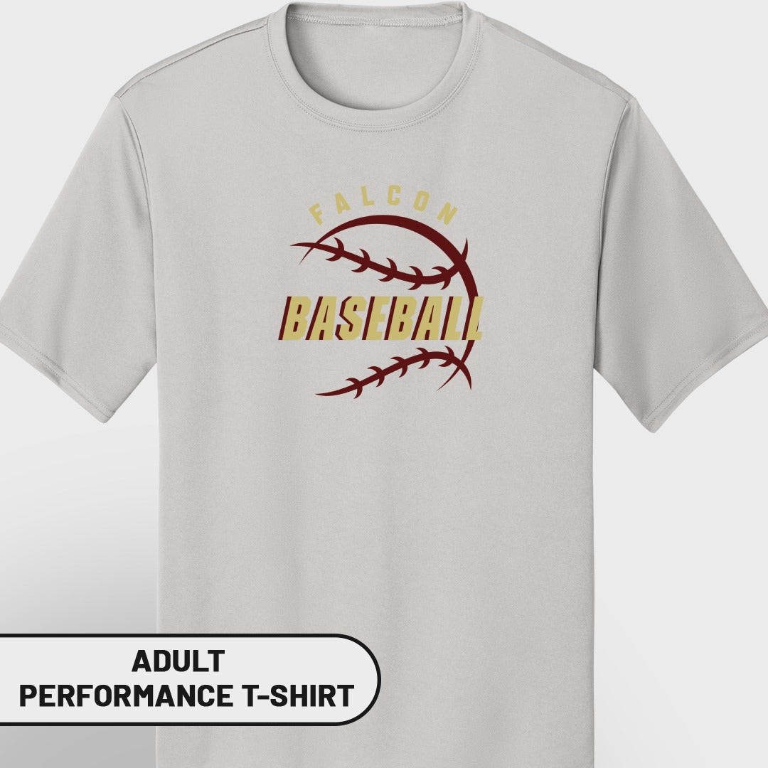 Light gray adult performance t-shirt with "FALCON BASEBALL" graphic.