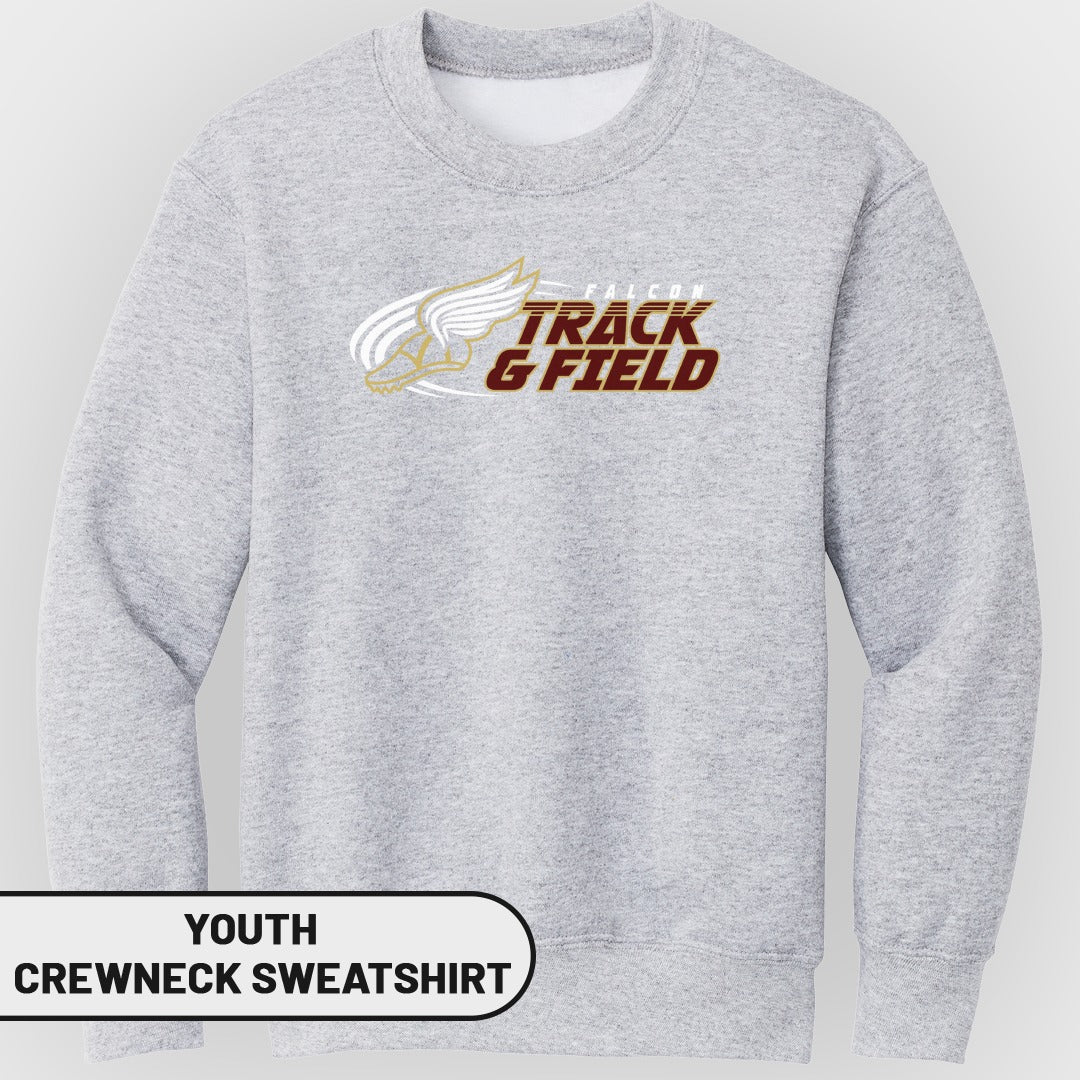 Light grey youth crewneck sweatshirt with "FALCON TRACK & FIELD" text and wing graphic.