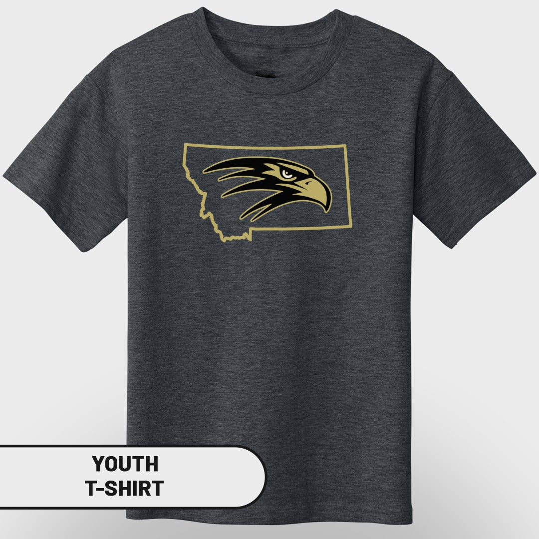 Dark grey youth t-shirt with Montana outline and gold eagle logo.