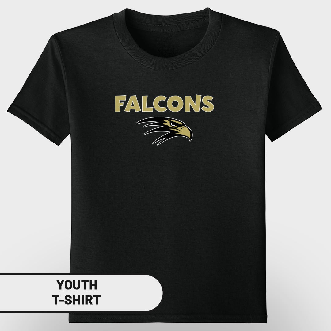 Black youth t-shirt with "FALCONS" text and eagle logo.
