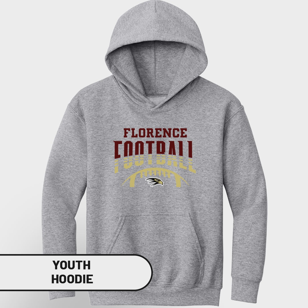 Grey youth hoodie with "Florence Football" text and eagle logo.