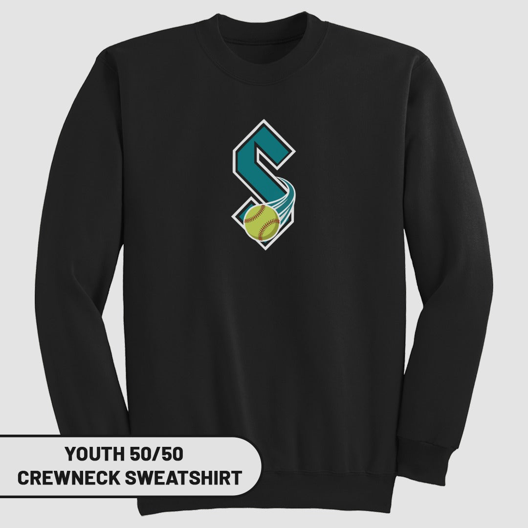 Black youth sweatshirt with a teal and white "S" logo and softball.