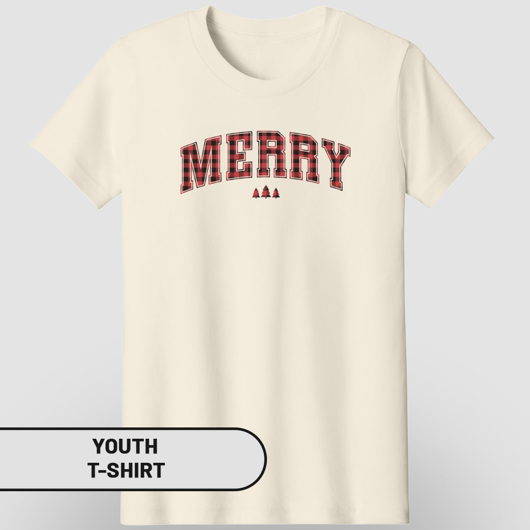 MERRY Plaid Youth T-Shirt Holiday Season Apparel