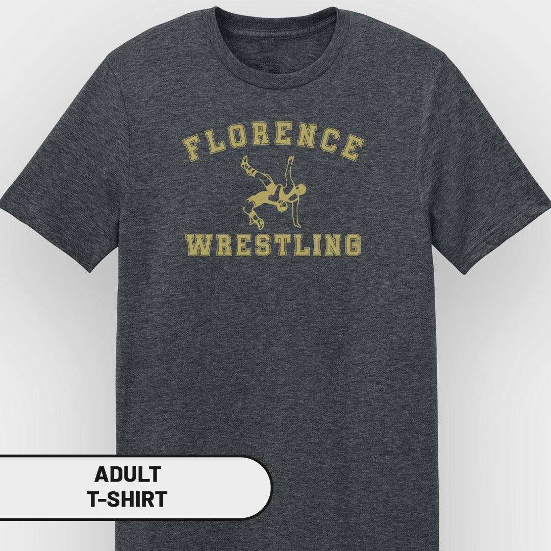 Dark gray adult t-shirt with "Florence Wrestling" and wrestling graphic.