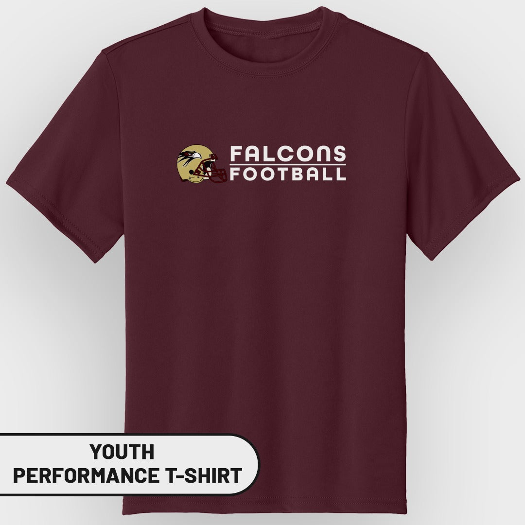 Maroon youth performance t-shirt with Falcons Football logo and helmet graphic.