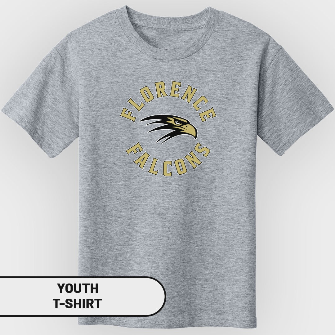 Youth grey t-shirt with "FLORENCE FALCONS" arched text and eagle graphic.