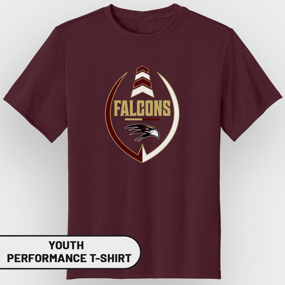 Maroon youth performance t-shirt with "Falcons" logo and eagle graphic.