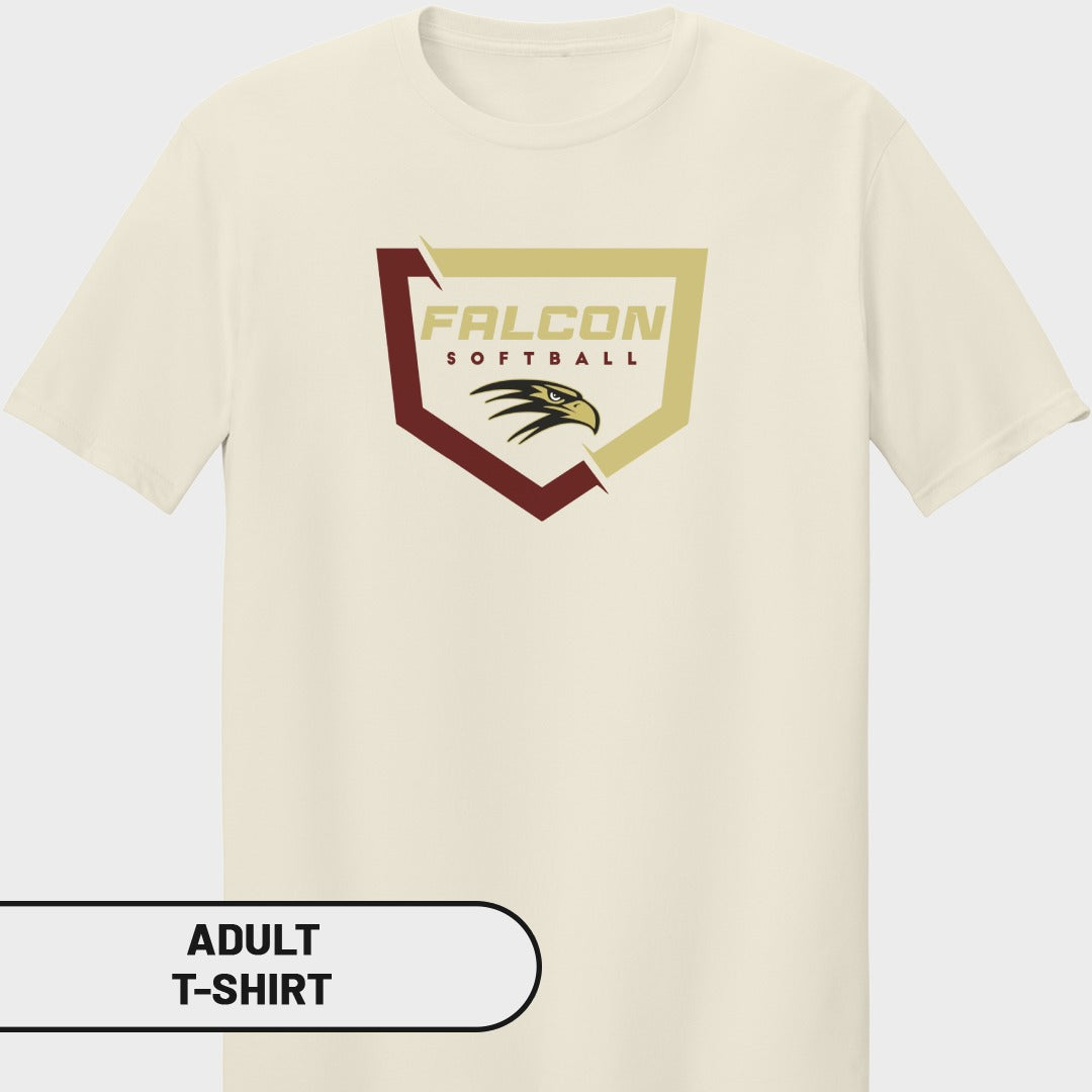 Cream t-shirt with "FALCON SOFTBALL" text and eagle emblem.