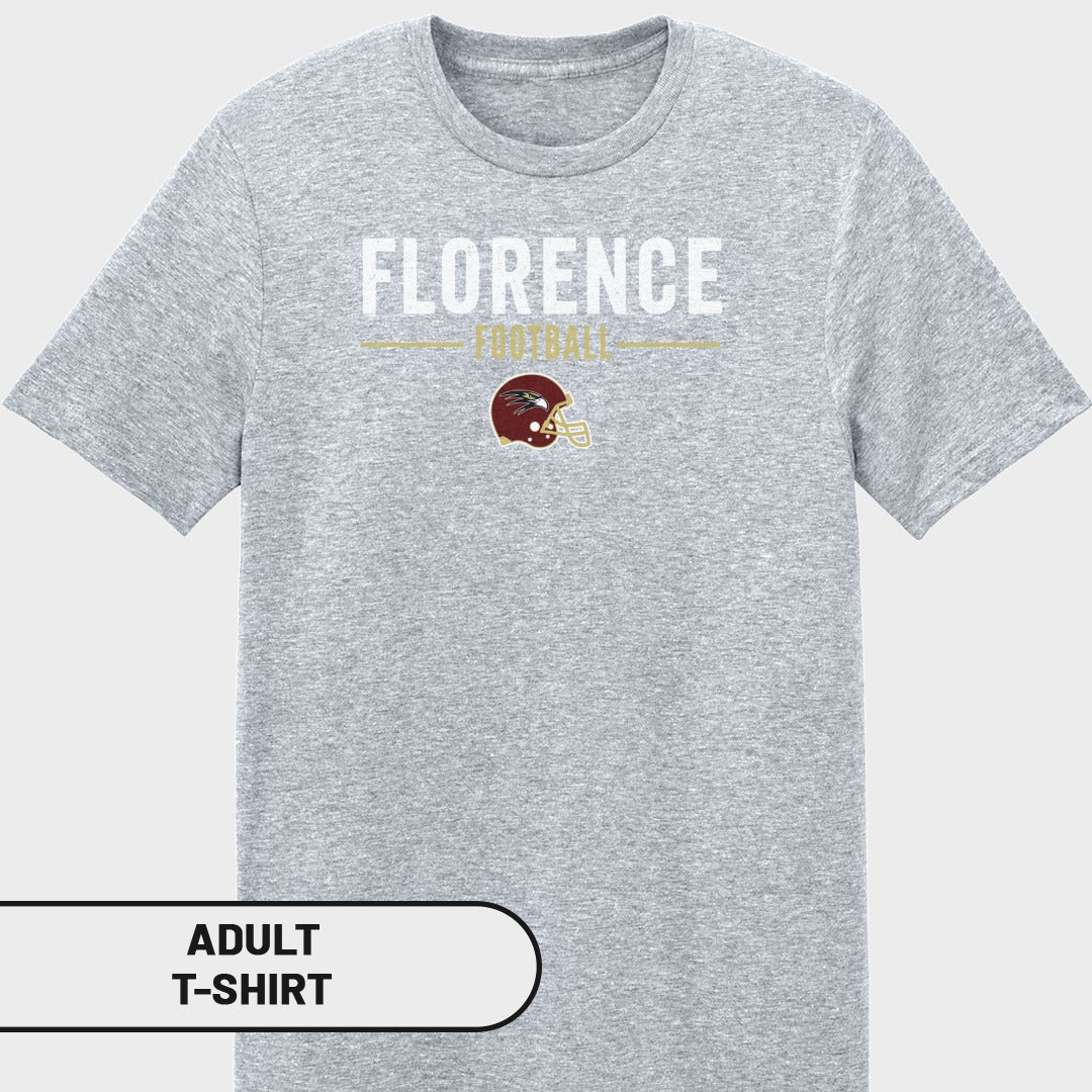 Gray t-shirt with "FLORENCE FOOTBALL" text and a football helmet graphic.