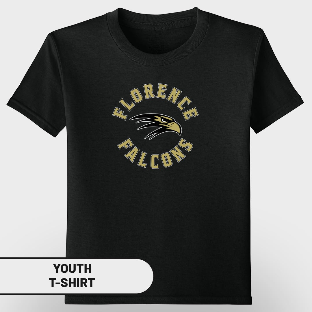 Black youth t-shirt with "Florence Falcons" logo and eagle graphic.