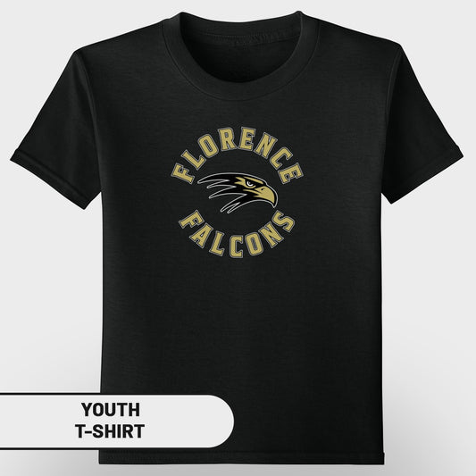 Black youth t-shirt with "Florence Falcons" logo and eagle graphic.