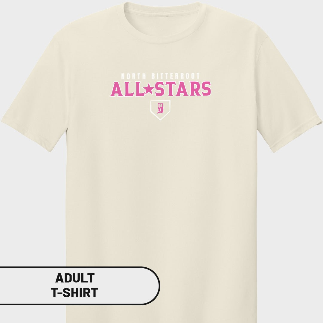 Cream t-shirt with "North Bitterroot All Stars" and a star logo.