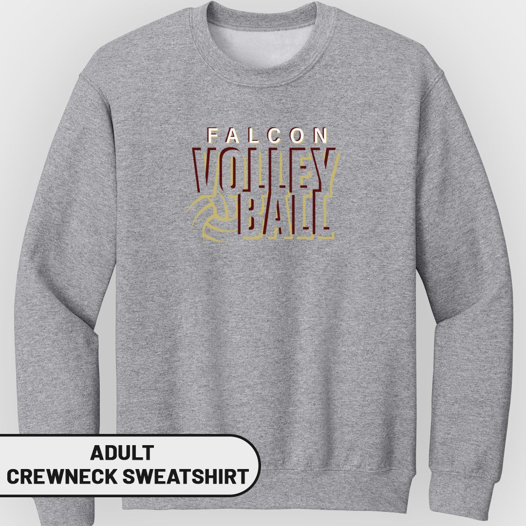 Grey adult crewneck sweatshirt with "FALCON VOLLEYBALL" and volleyball graphic.