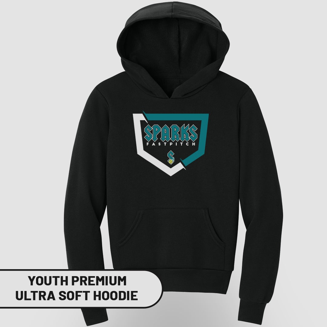 Black youth hoodie with "Sparks Fastpitch" logo.