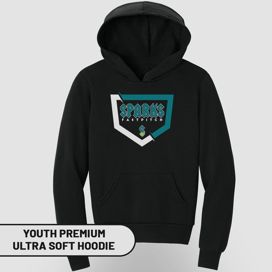 Black youth hoodie with "Sparks Fastpitch" logo.