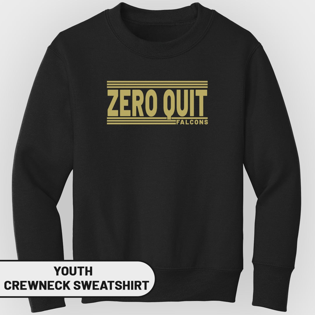 Black youth crewneck sweatshirt with gold "ZERO QUIT FALCONS" text graphic.