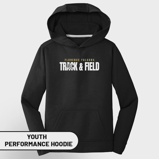 Black youth performance hoodie with "Florence Falcons Track & Field" graphic.