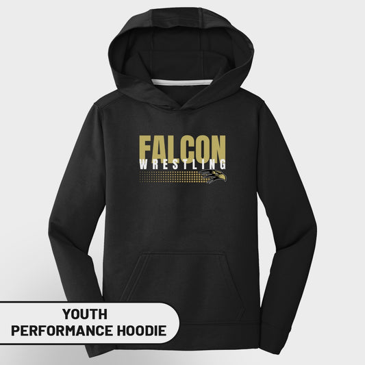 Black youth performance hoodie with "FALCON WRESTLING" and falcon logo graphic.