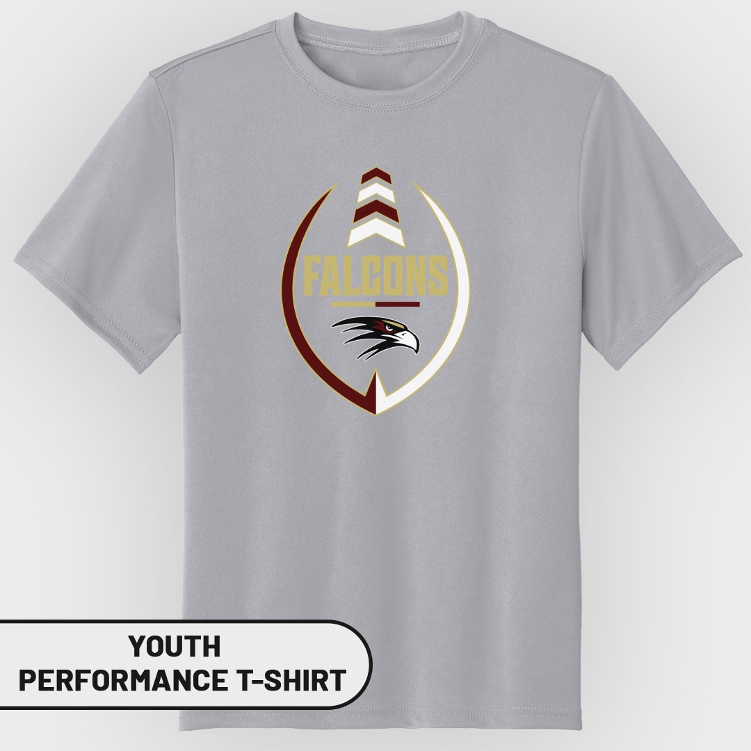 Youth performance t-shirt with "Falcons" text and eagle logo on a gray shirt.