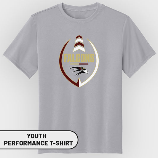 Youth performance t-shirt with "Falcons" text and eagle logo on a gray shirt.