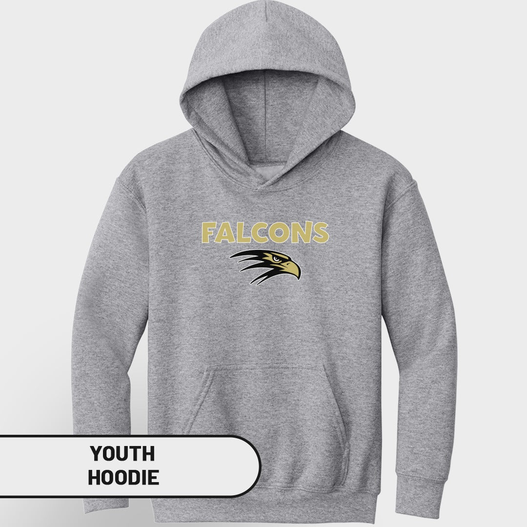 Grey youth hoodie with "FALCONS" text and a falcon logo.