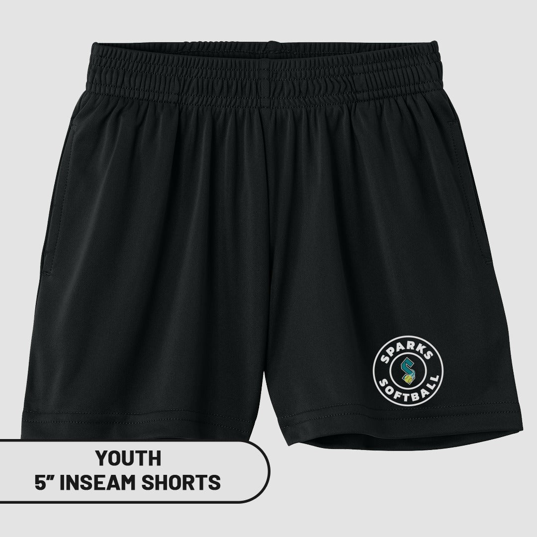 Black youth softball shorts with "SPARKS SOFTBALL" logo and 5" inseam label.