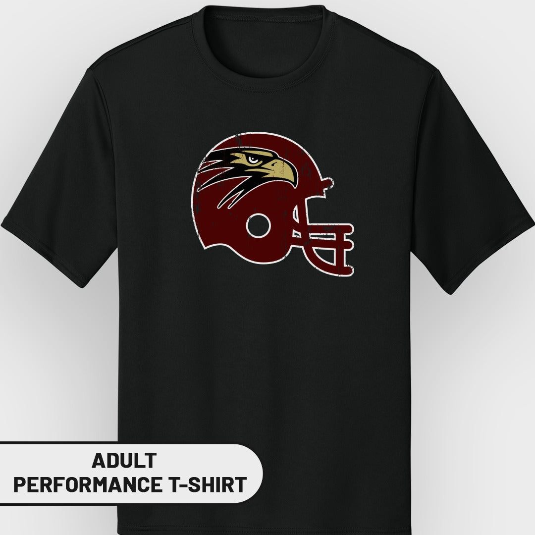 Black t-shirt with distressed maroon and gold eagle football helmet graphic.