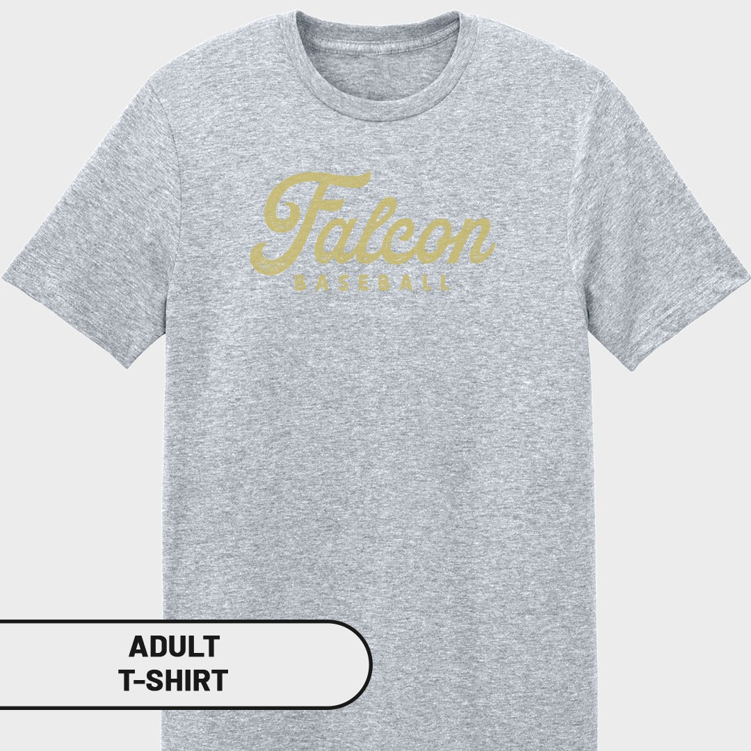 Grey adult t-shirt with "Falcon Baseball" graphic in gold lettering.