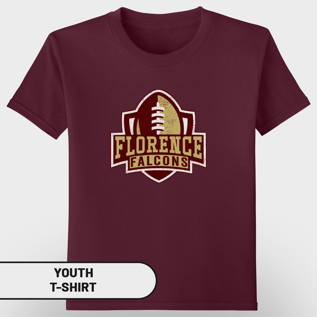 Maroon youth t-shirt with Florence Falcons football team logo on chest.