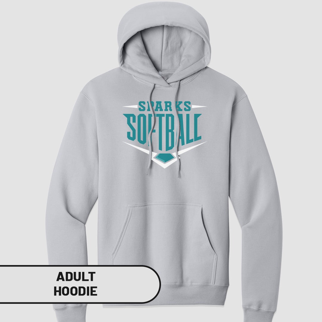Light gray adult hoodie with "Sharks Softball" logo on chest.