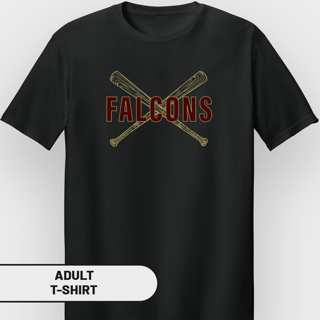 Black t-shirt with crossed baseball bats and "FALCONS" text.