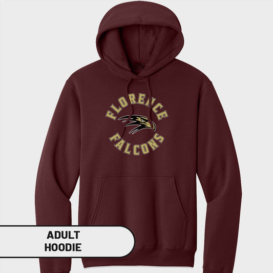Maroon adult hoodie with "Florence Falcons" text and eagle logo.