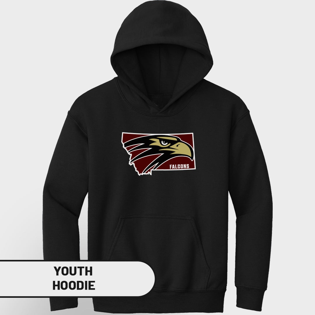 Black youth hoodie with Montana outline and Falcons eagle logo.