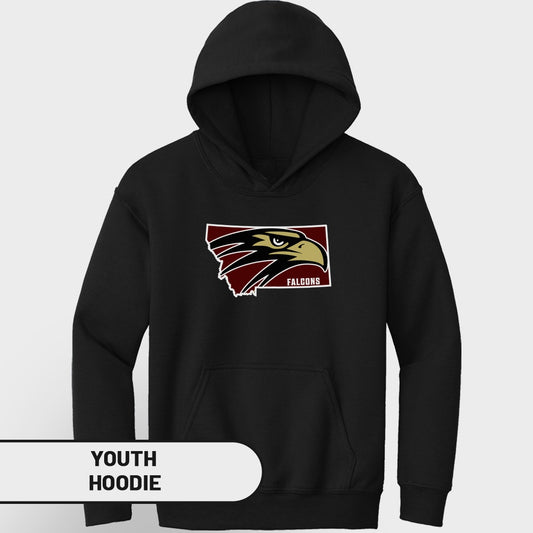 Black youth hoodie with Montana outline and Falcons eagle logo.