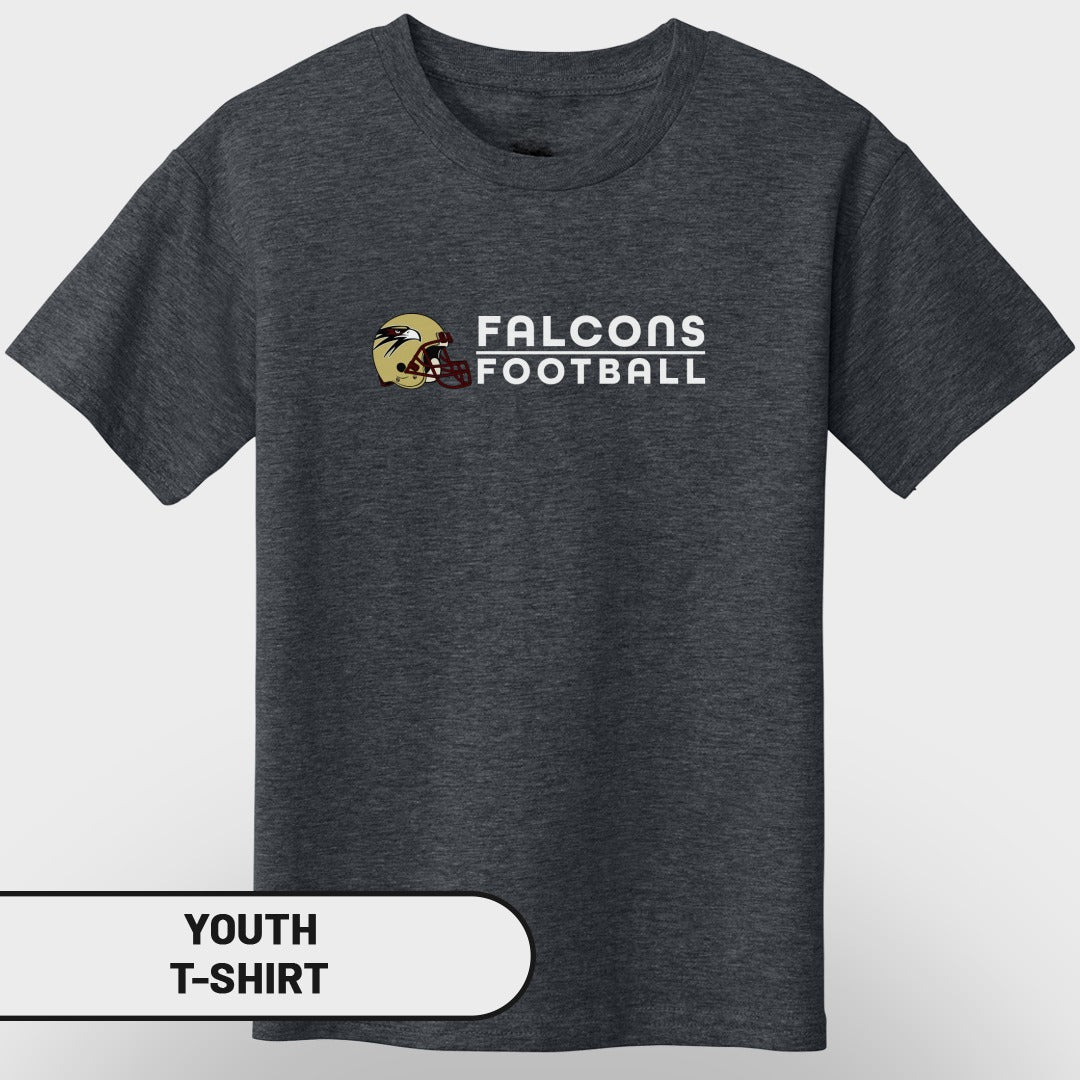 Dark grey youth t-shirt with "FALCONS FOOTBALL" and a football helmet graphic.
