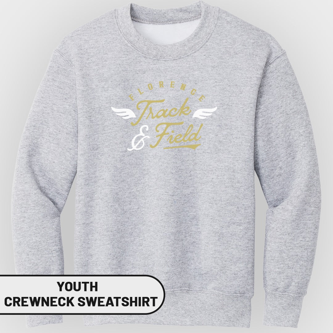 Youth grey crewneck sweatshirt with "Florence Track & Field" gold and white graphic.
