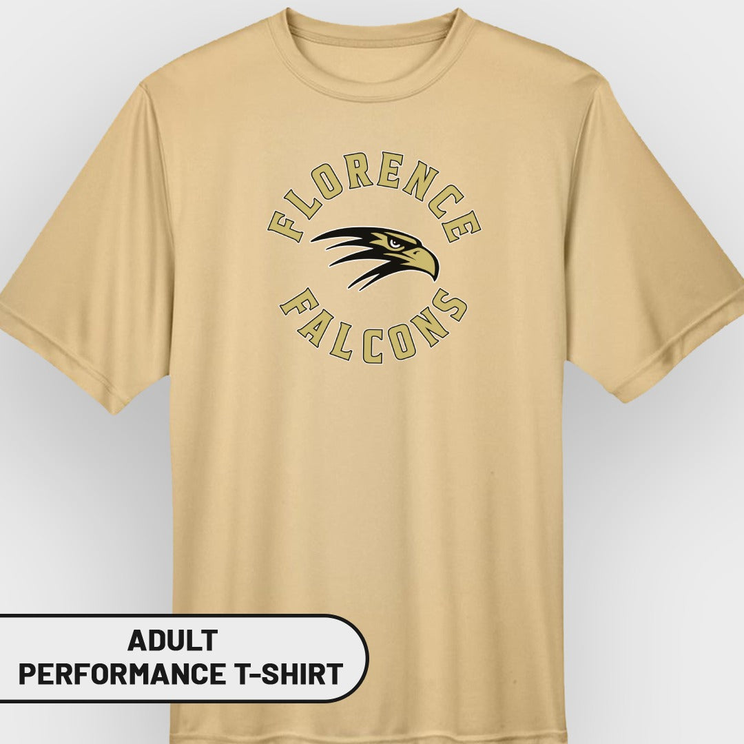Adult performance t-shirt with Florence Falcons logo.