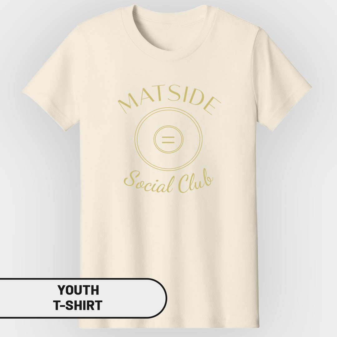Cream youth t-shirt with "MATSIDE Social Club" text and a circular graphic.