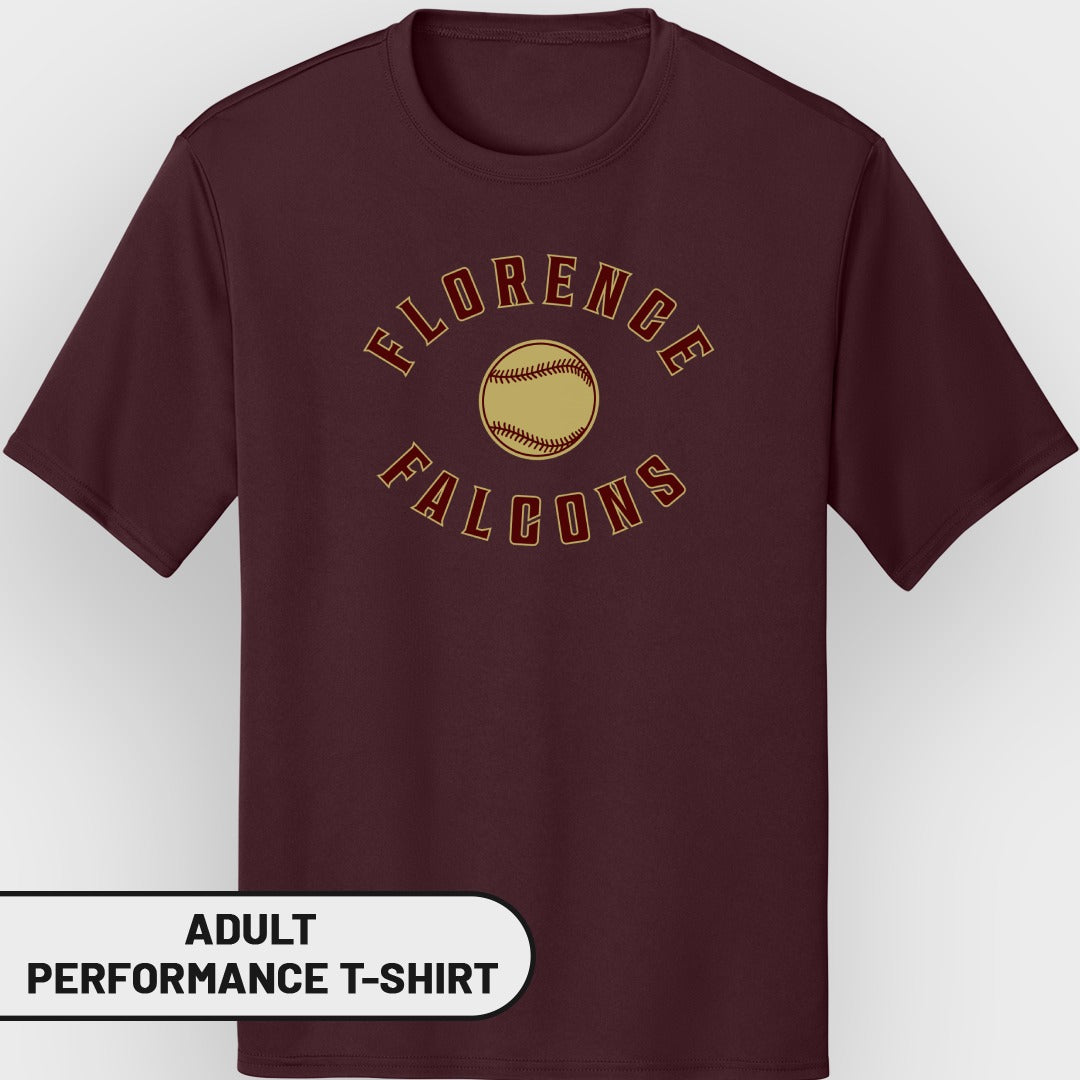 Maroon t-shirt with "Florence Falcons" text and baseball graphic.