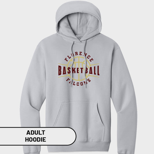 Adult light grey hoodie with "Florence Basketball Falcons" logo design.