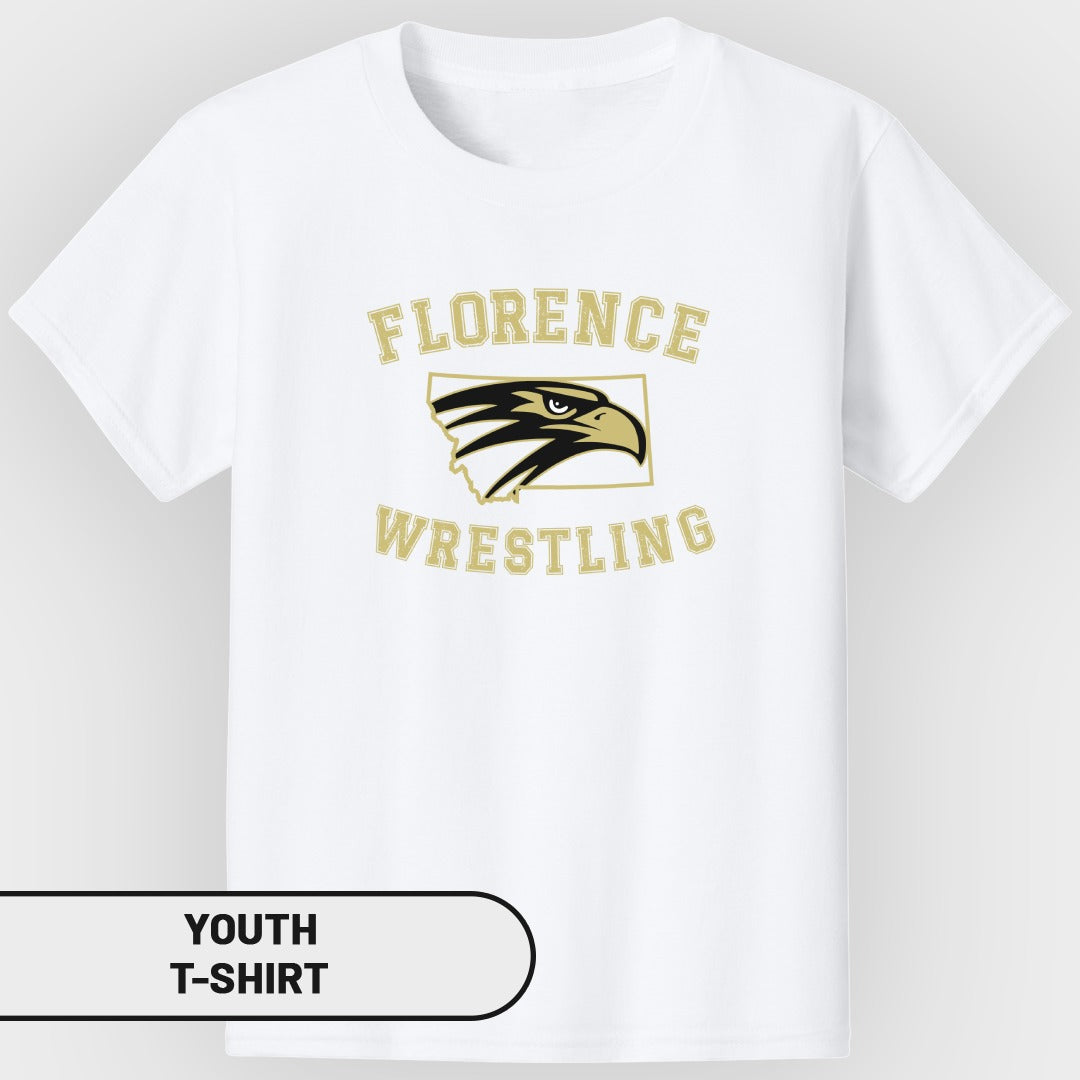 White youth t-shirt with Florence Wrestling eagle logo and text.