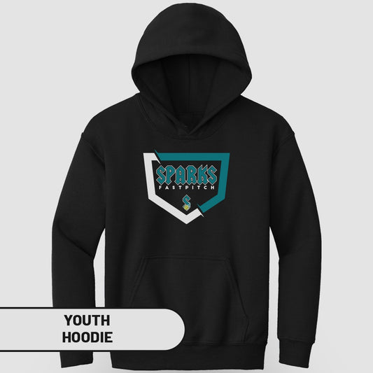 Black youth hoodie with Sparks Fastpitch logo.