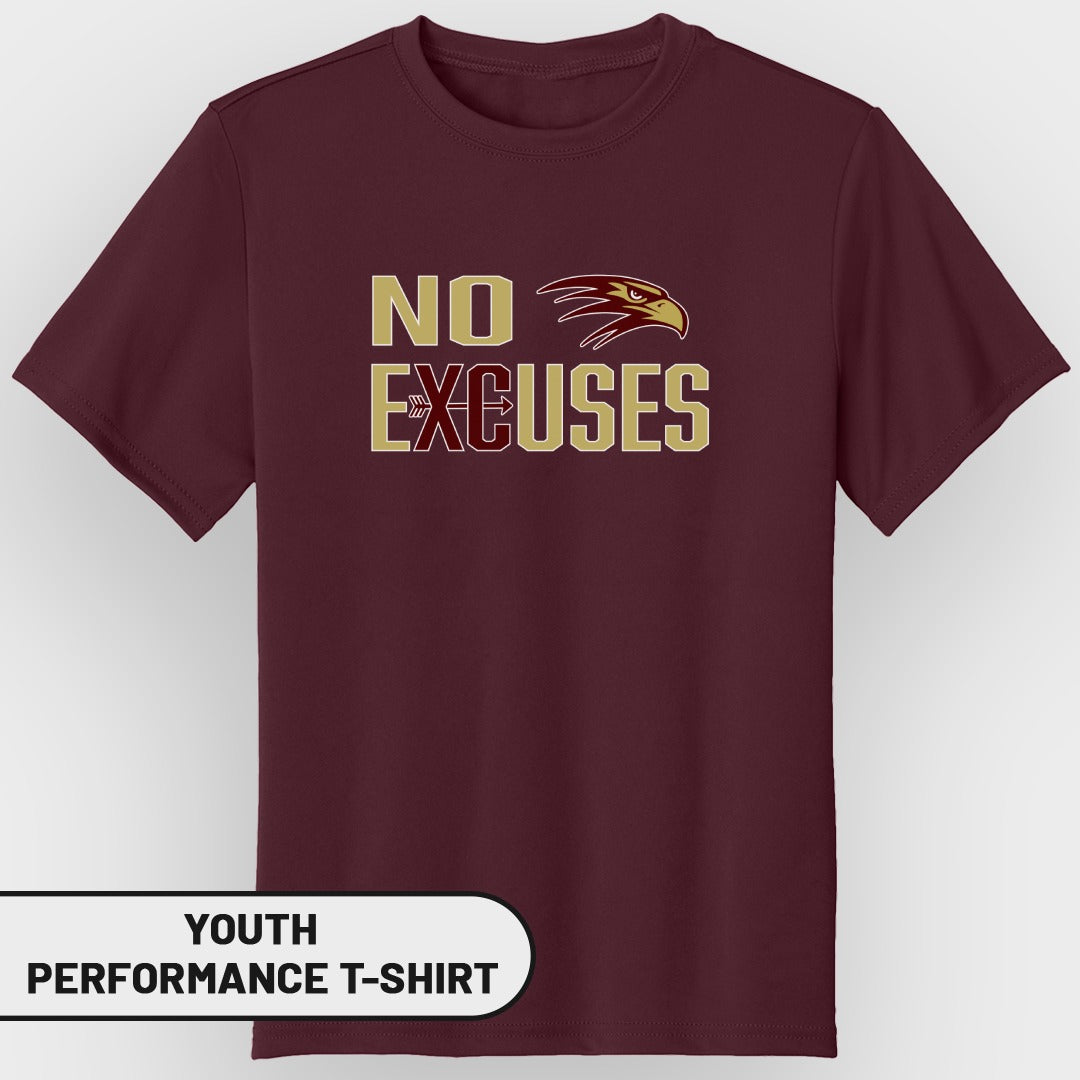 Maroon youth performance t-shirt with "NO EXCUSES" and eagle graphic.
