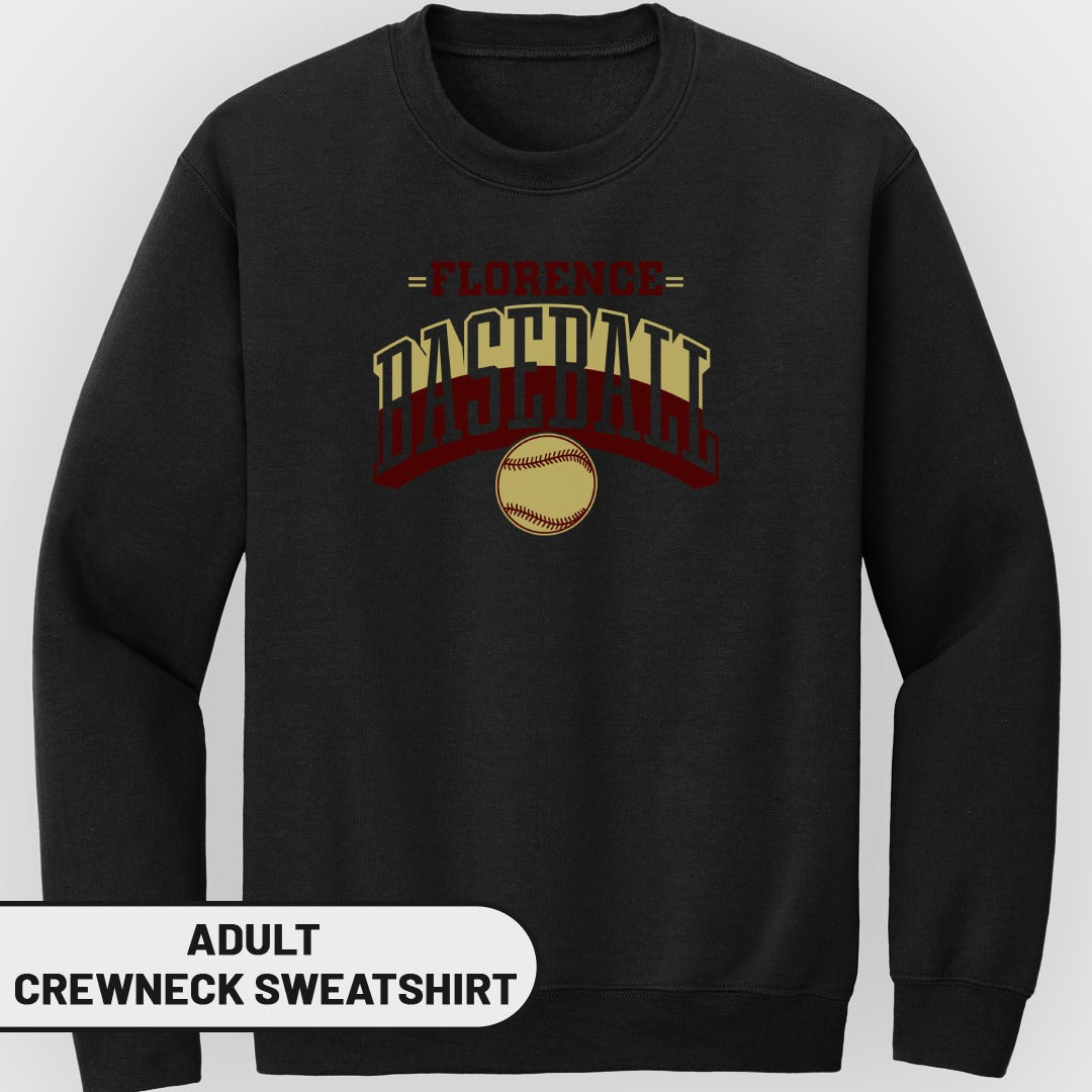 Adult black crewneck sweatshirt with Florence Baseball graphic and baseball graphic.