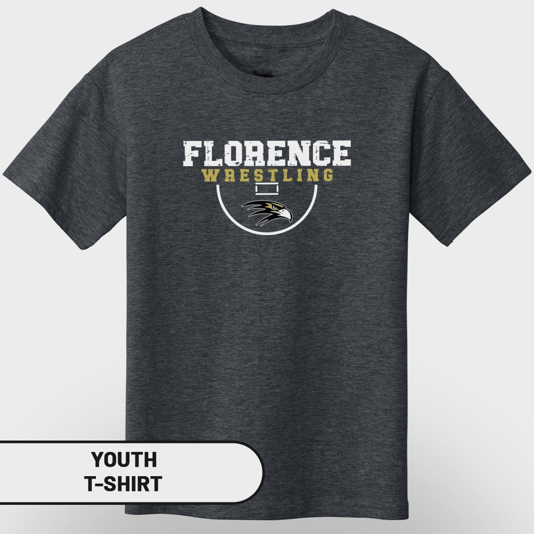 Youth dark grey t-shirt with "Florence Wrestling" and an eagle graphic.