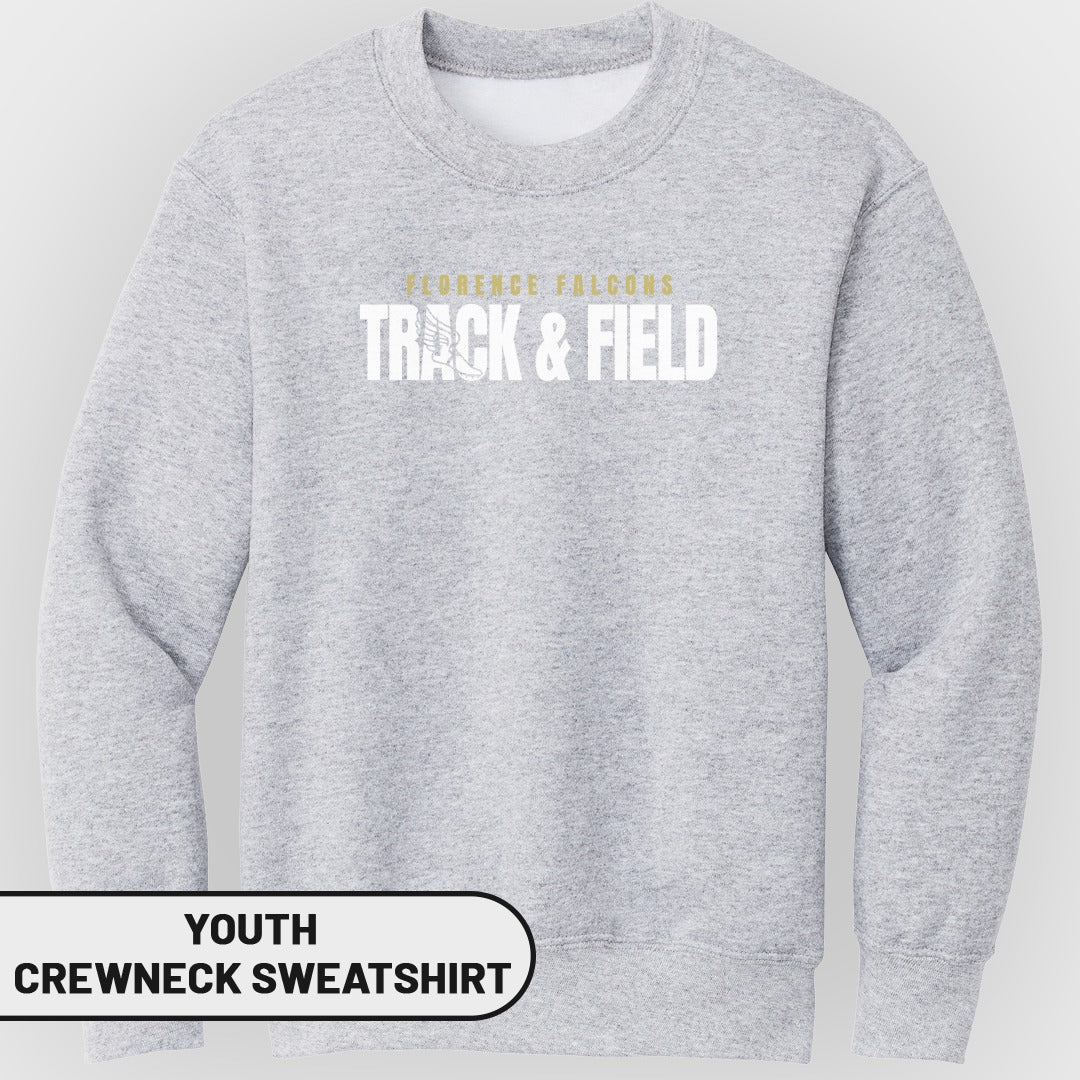 Youth grey crewneck sweatshirt with Florence Falcons Track & Field text.