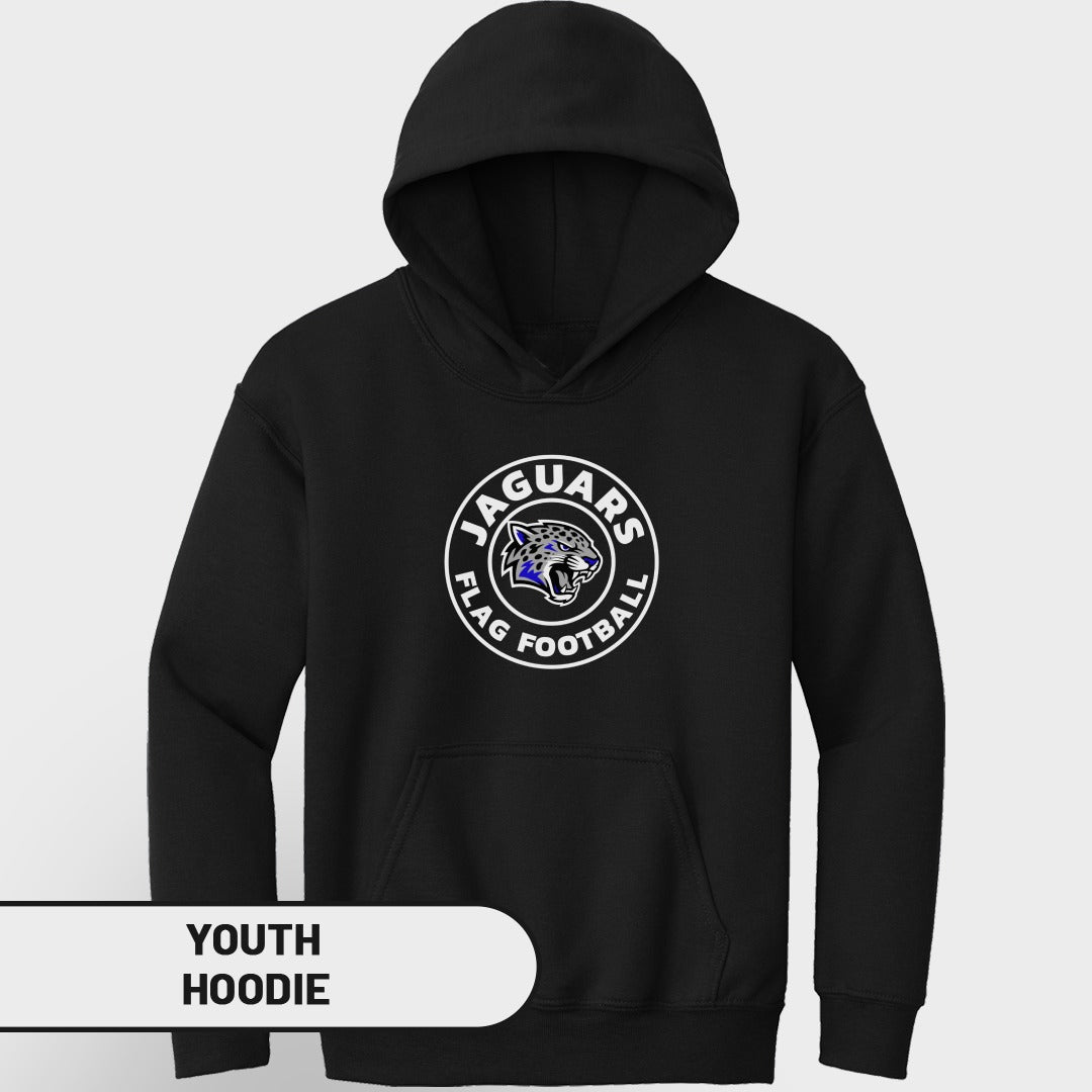 Black youth hoodie with Jaguars flag football logo on front.